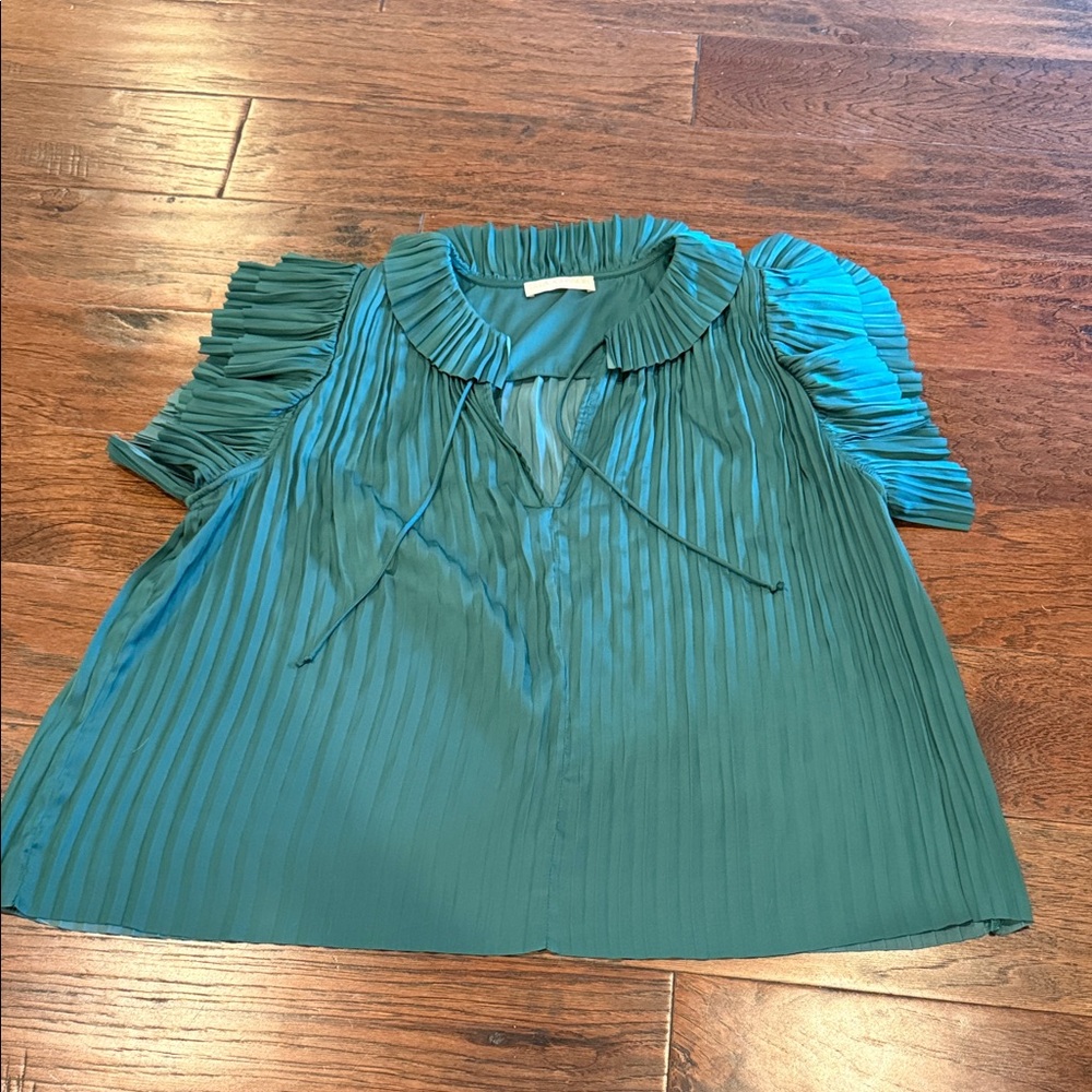Ulla Johnson Teal Pleated Blouse with Tie Detail